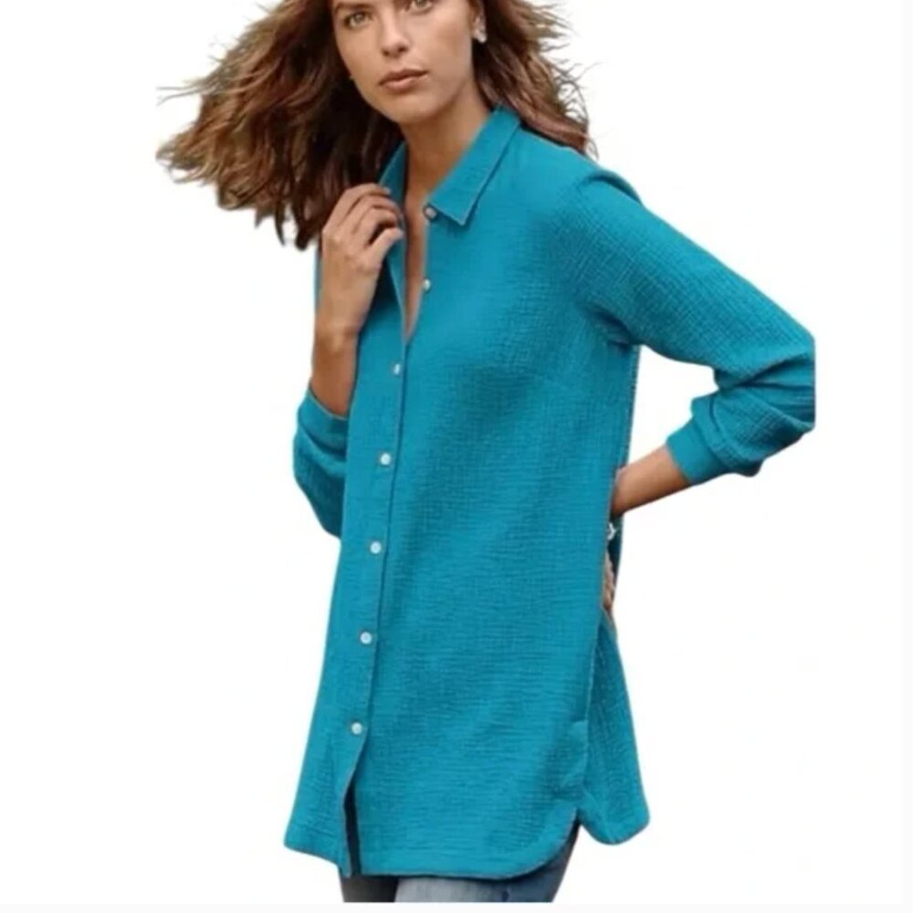 J.Jill Cotton-Gauze Split-Hem Tunic Lightweight Turquoise L